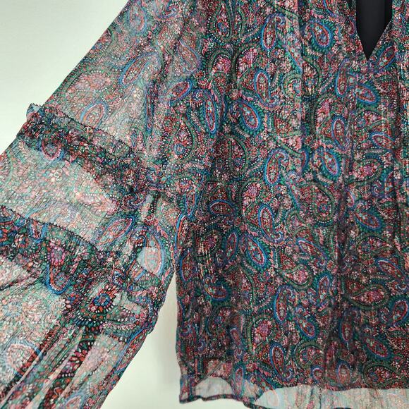 LOFT Paisley Sheer Ruffle Long Sleeve Blouse V Neck Boho Fall Top L - Picture 4 of 8